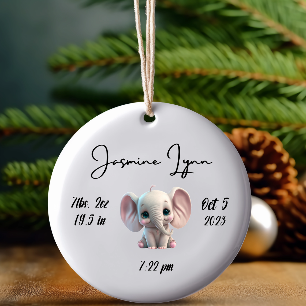 Baby Elephant Newborn Birth Stats Ornament For Girl