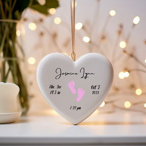 Newborn Birth Stats Heart Ornament Keepsake - Pink Newborn Footprints