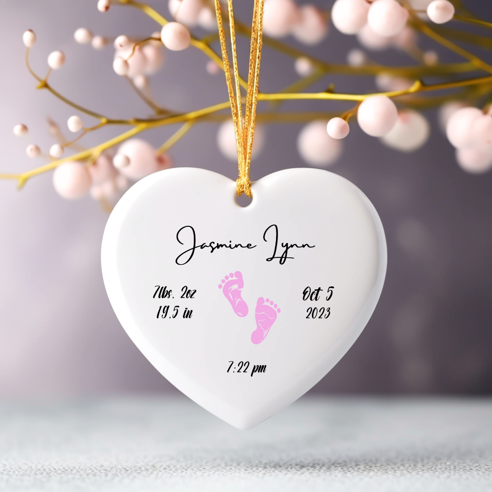 Newborn Birth Stats Heart Ornament Keepsake - Pink Newborn Footprints