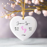 Newborn Birth Stats Heart Ornament Keepsake - Pink Newborn Footprints