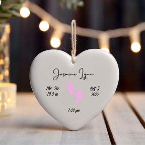 Newborn Birth Stats Heart Ornament Keepsake - Pink Newborn Footprints