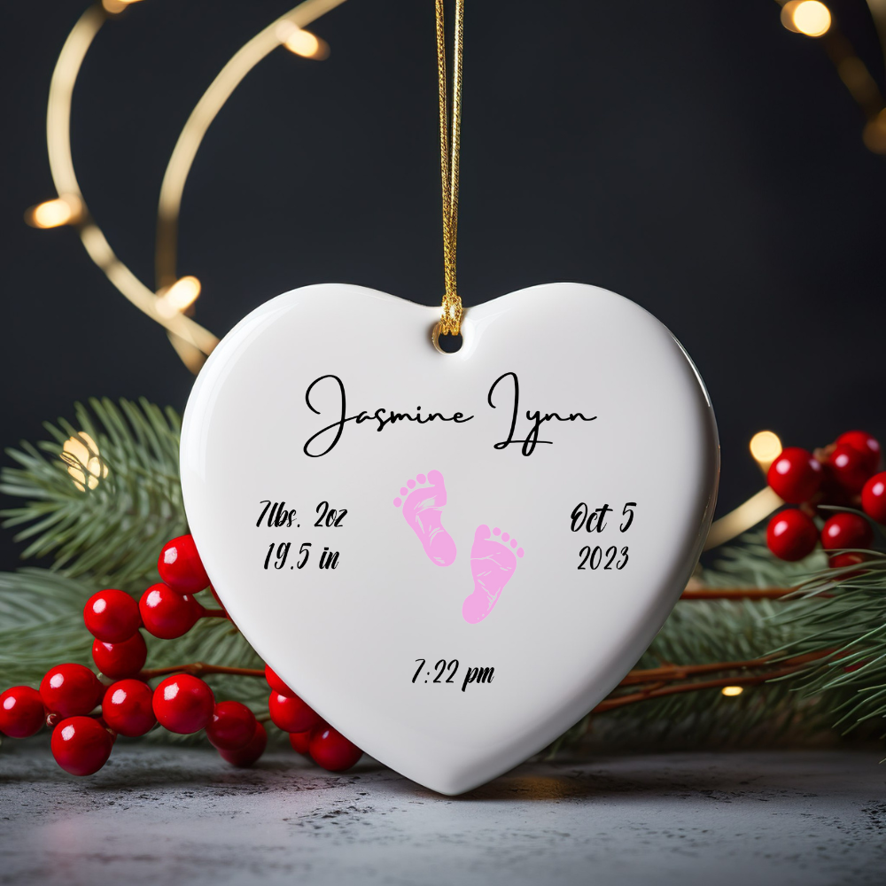 Newborn Birth Stats Heart Ornament Keepsake - Pink Newborn Footprints