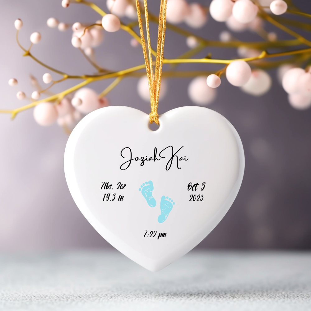 Newborn Birth Stats Heart Ornament Keepsake - Blue Newborn Footprints