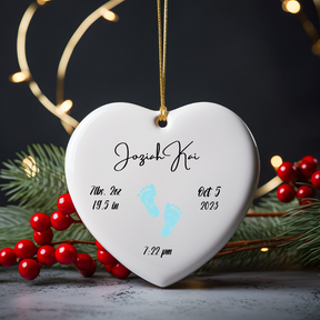 Newborn Birth Stats Heart Ornament Keepsake - Blue Newborn Footprints