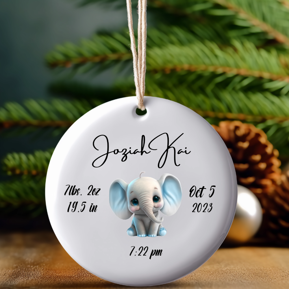 Baby Elephant Newborn Birth Stats Ornament For Boy