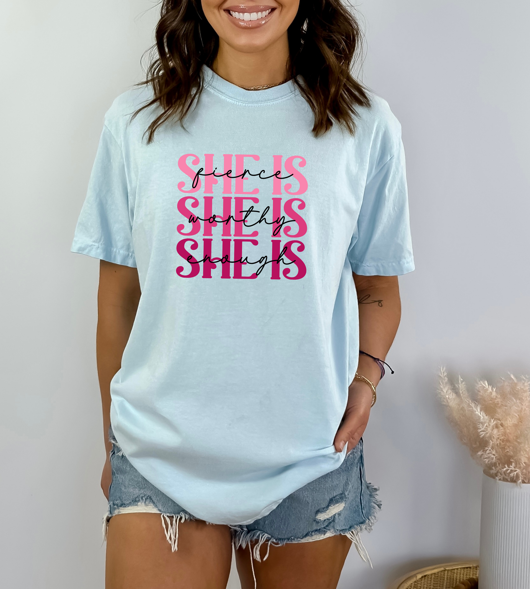 Breast Cancer Awareness Shirt - Breast Cancer She Is Fierce Worthy & Enough Motivational Shirt