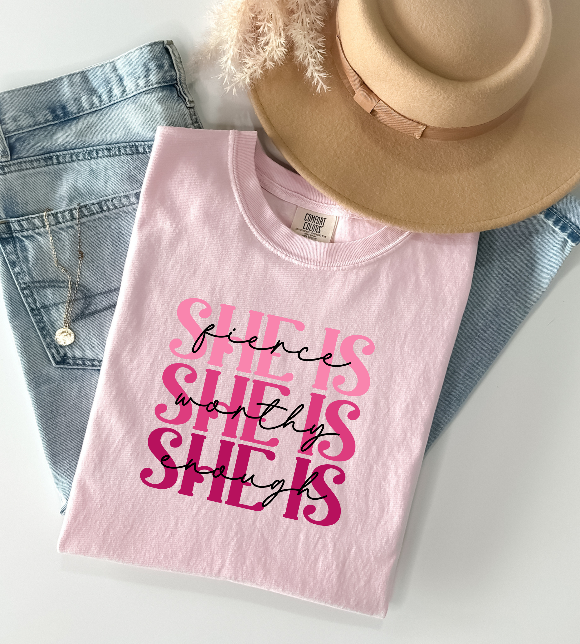Breast Cancer Awareness Shirt - Breast Cancer She Is Fierce Worthy & Enough Motivational Shirt