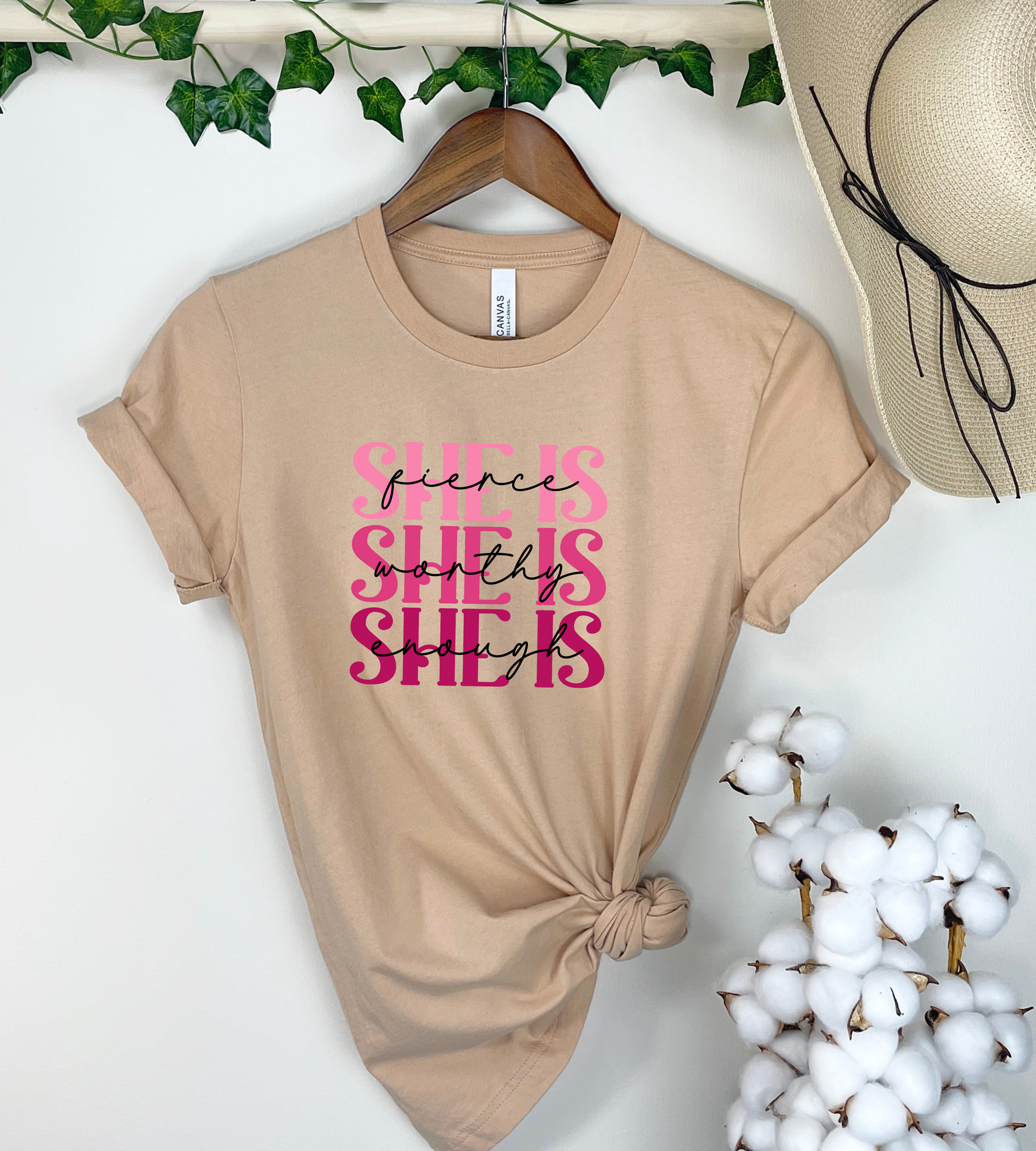 Breast Cancer Awareness Shirt - Breast Cancer She Is Fierce Worthy & Enough Motivational Shirt