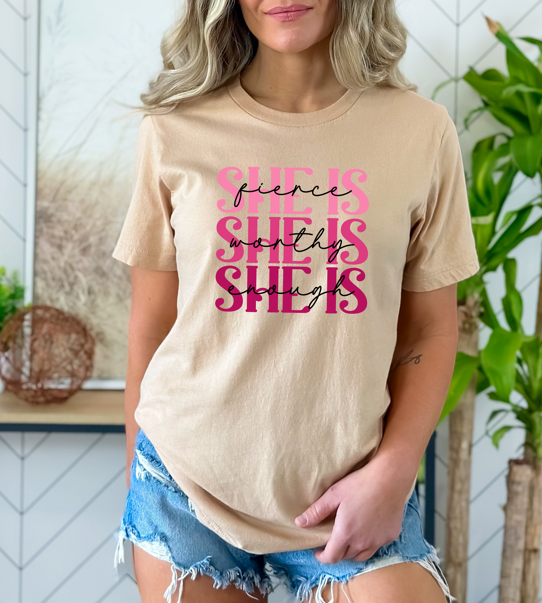 Breast Cancer Awareness Shirt - Breast Cancer She Is Fierce Worthy & Enough Motivational Shirt